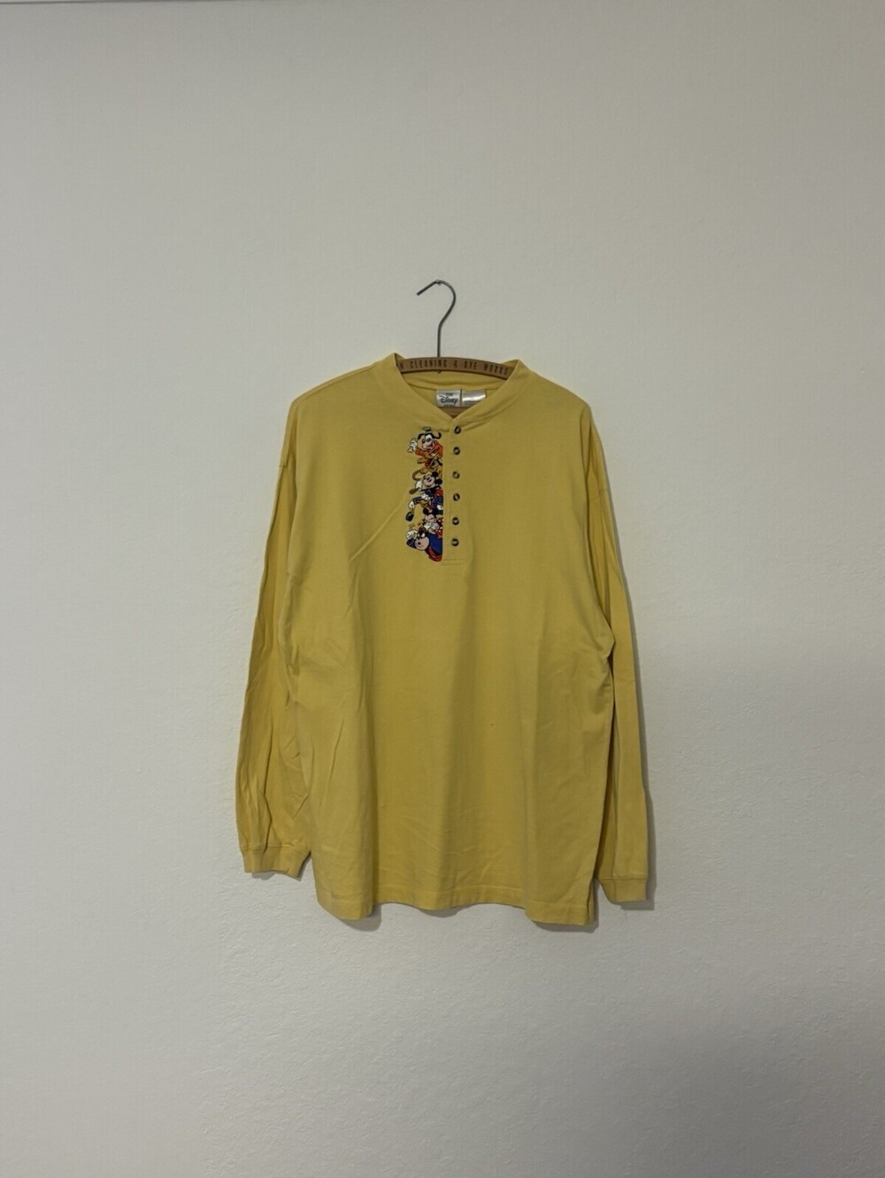 Vintage Y2K Disney Character Henley Shirt Size XL Yellow Embroidered Long Sleeve